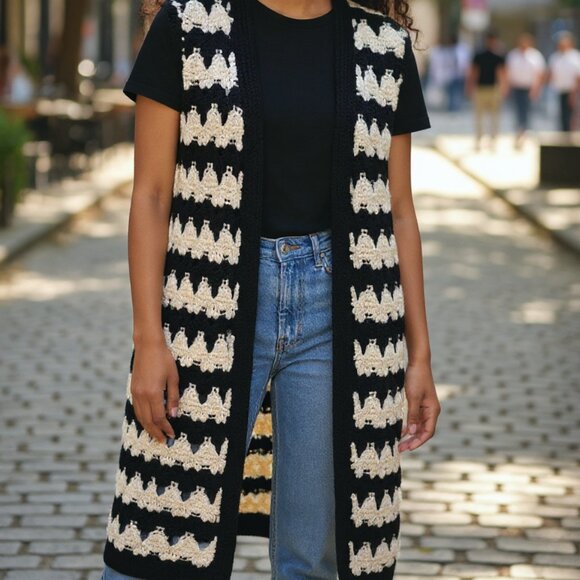 Calypso St. Barth Crochet Knit Long Vest Zig Zag Sweater Small Like New - Picture 2 of 12